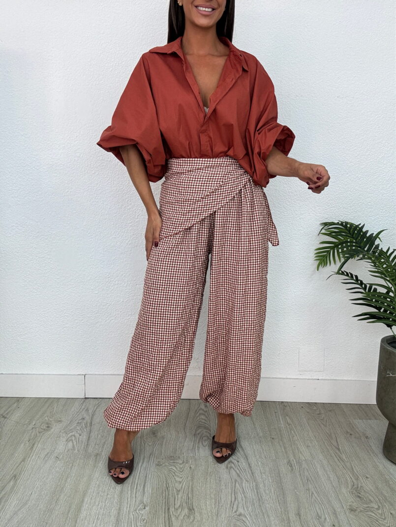 PANTALON PAÑUELO CUADROS TEJA