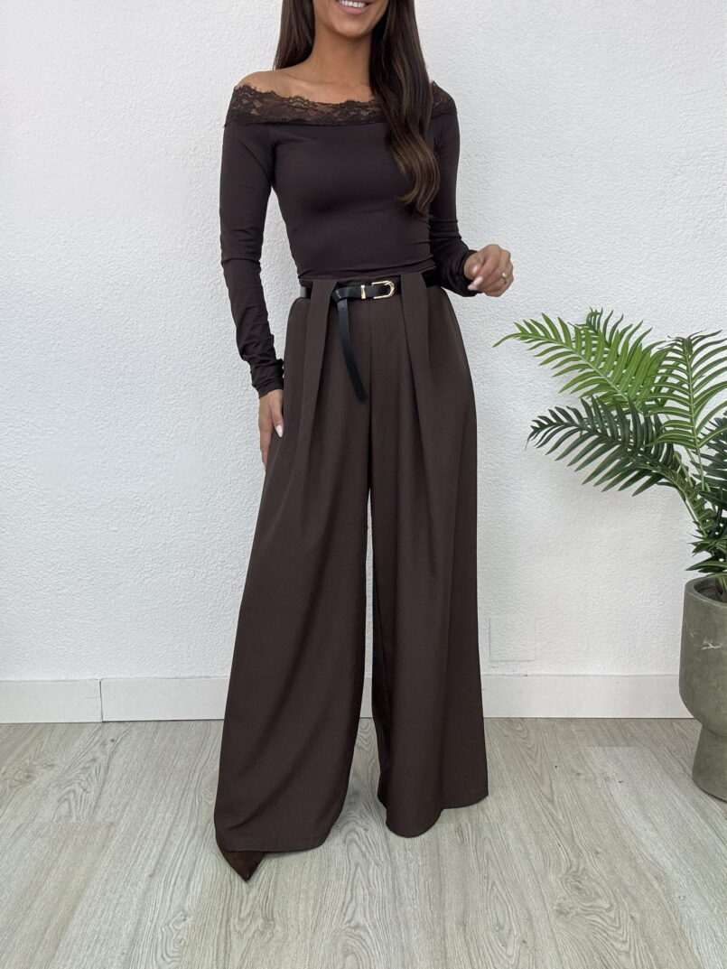 PANTALON WIDE LEG PINZAS CINTURON MARRON