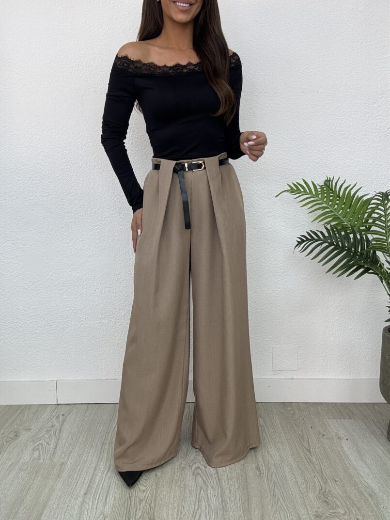 PANTALON WIDE LEG PINZAS CINTURON BEIGE